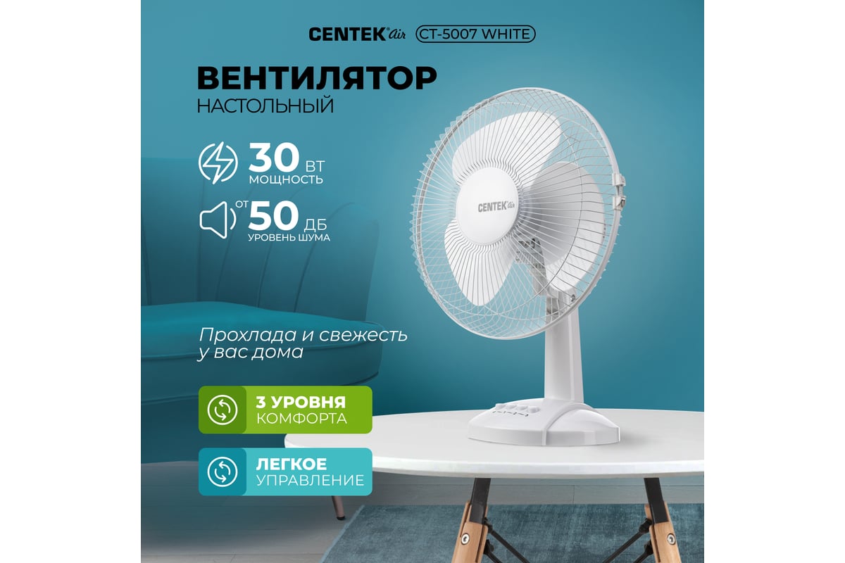 Настольный вентилятор Centek 30 Вт, диаметр: 34 см, 3 скорости,  металлическая решётка CT-5007 White - выгодная цена, отзывы,  характеристики, фото - купить в Москве и РФ