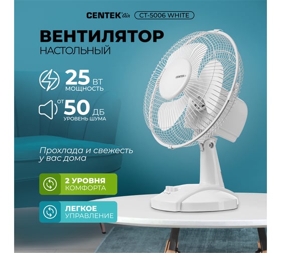 Настольный вентилятор Centek белый 25Вт, решетка-сетка 27см, лопасти 23 см, 2 скорости CT-5006 White