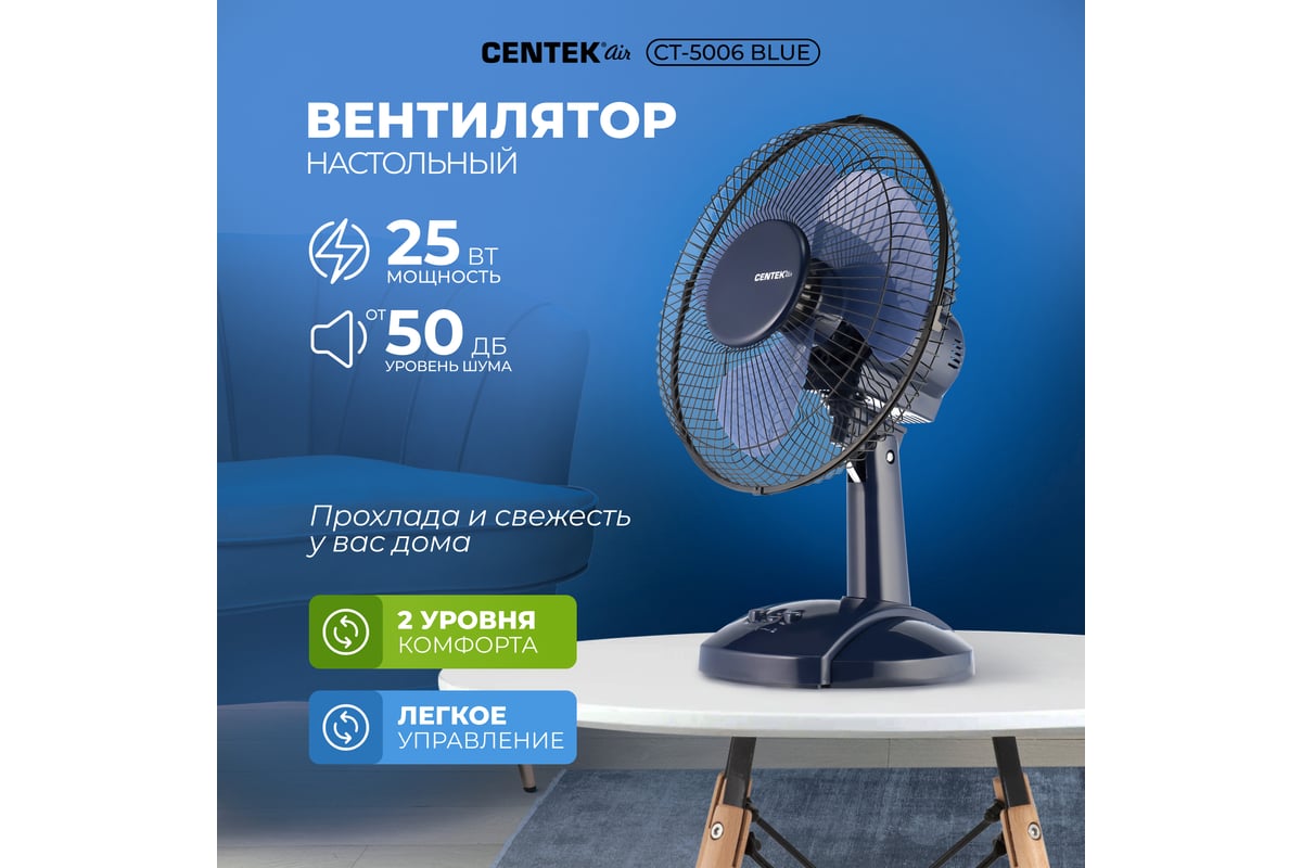 Настольный вентилятор Centek голубой 25Вт, решетка-сетка 27см, лопасти 23  см, 2 скорости CT-5006 Blue - выгодная цена, отзывы, характеристики, фото -  купить в Москве и РФ