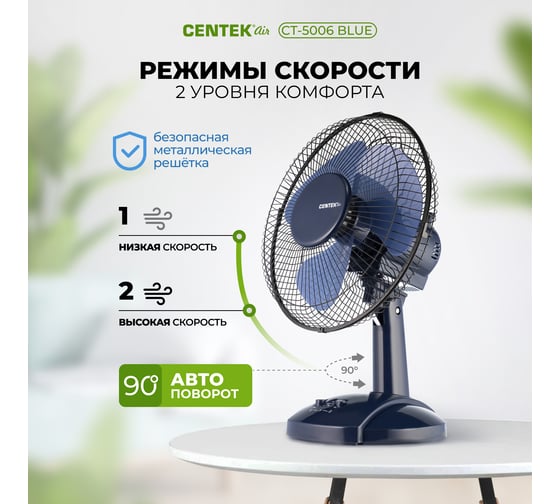 Настольный вентилятор Centek голубой 25Вт, решетка-сетка 27см, лопасти 23 см, 2 скорости CT-5006 Blue