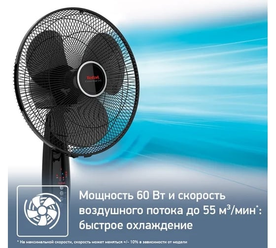 Напольный вентилятор TEFAL Essential VF3910F0 60Вт скорост.:3 ПДУ черный 1507650