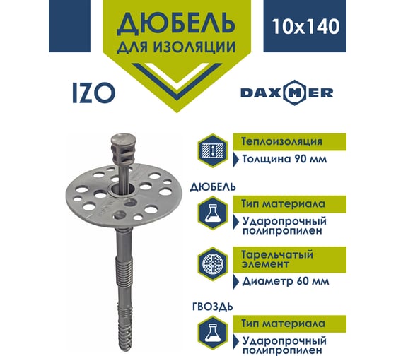 Дюбель гриб Daxmer для теплоизоляции с пластиковым гвоздем IZO 10x140, 50шт 00-00445404