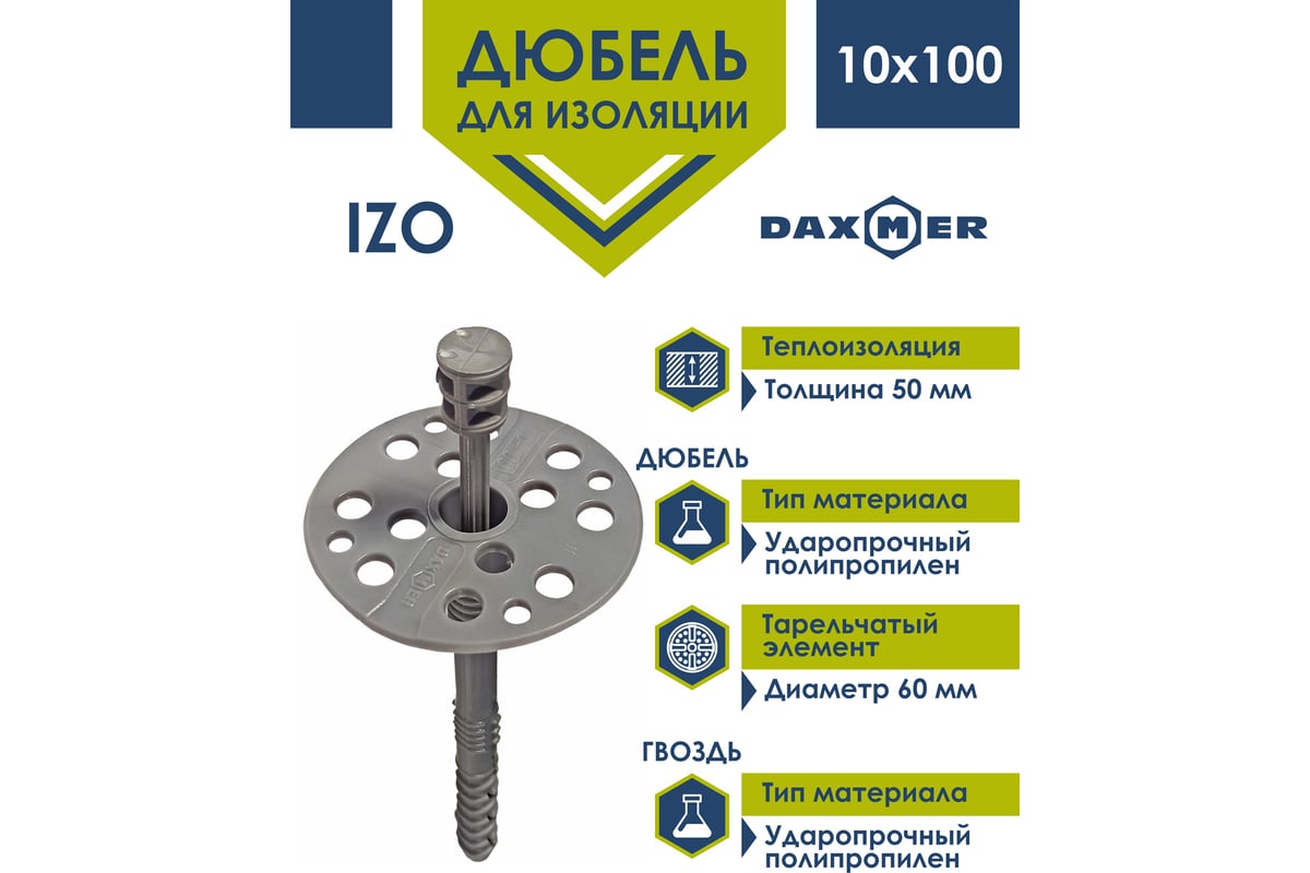 Дюбель гриб Daxmer для теплоизоляции с пластиковым гвоздем IZO 10x100 ...