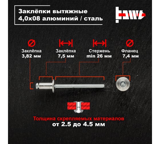 Вытяжные заклепки BOWT алюминий-сталь 4,0x8 1000 шт A03041