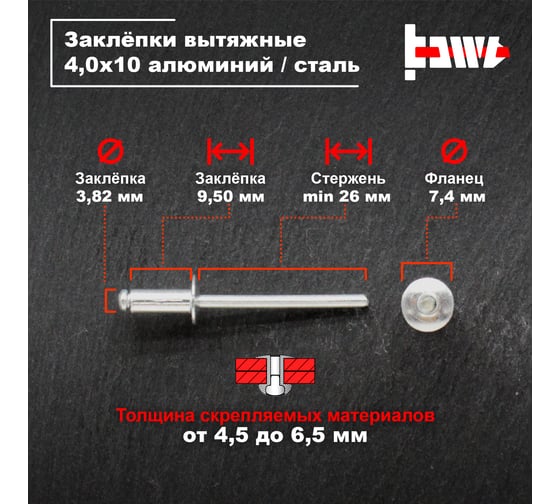 Вытяжные заклепки BOWT алюминий-сталь 4,0x10 500 шт A03073