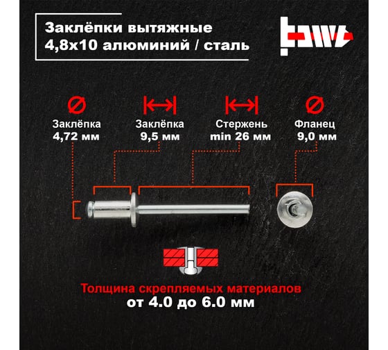 Вытяжные заклепки BOWT алюминий-сталь 4,8x10 50 шт A03053