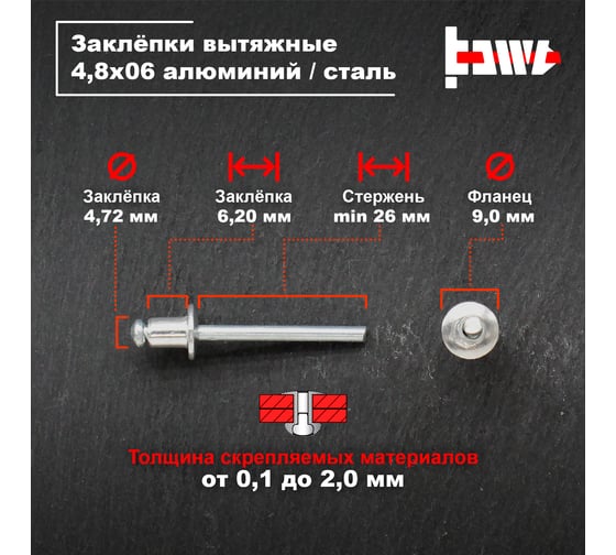 Вытяжные заклепки BOWT алюминий-сталь 4,8x6 100 шт A03081