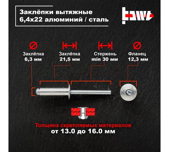 Вытяжные заклепки BOWT алюминий-сталь 6,4x22 200 шт A03064