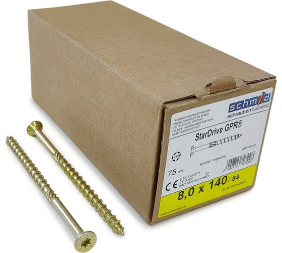 Шурупы Simpson Schmid StarDrive GPR 8.0x140/84 SK TX40 желтый цинк, потайной, 75 шт. 5834740801400070 1