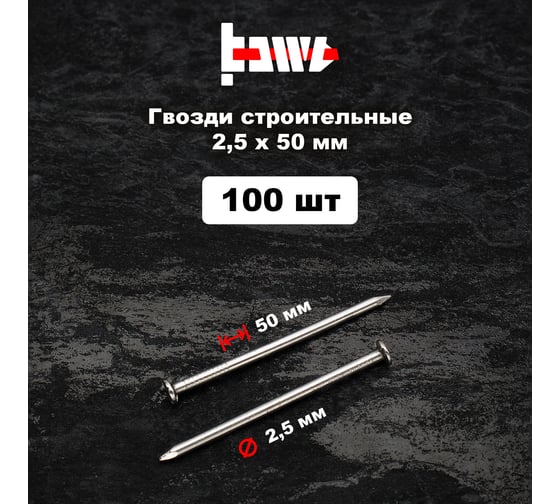 Строительные гвозди BOWT без покрытия, 2.5x50 мм, 100 шт. G02624
