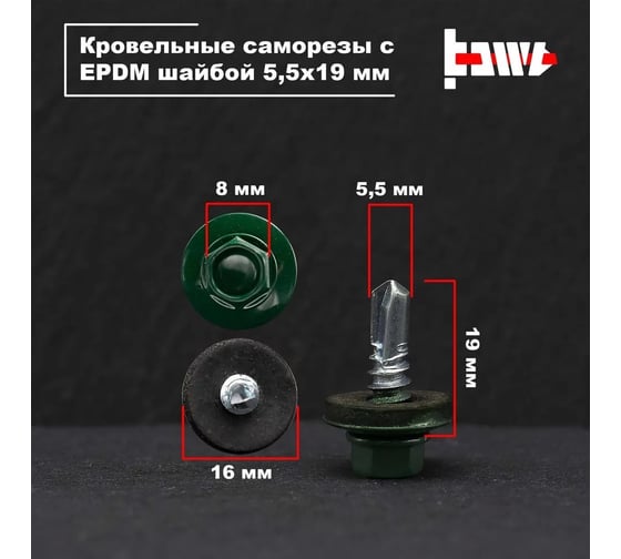 Кровельные саморезы BOWT ral 6005, 5.5x19 мм, 10 шт. R02735