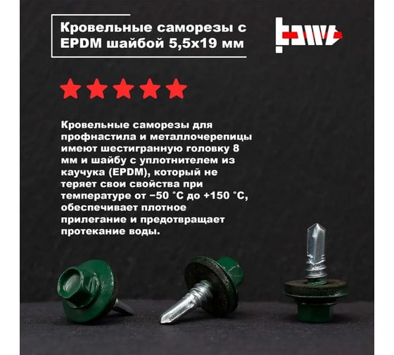 Кровельные саморезы BOWT ral 6005, 5.5x19 мм, 100 шт. R02737