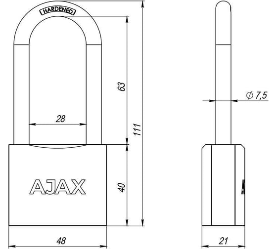 Навесной замок AJAX PD-0150-L MS 3 ключа английских, коробка 47045