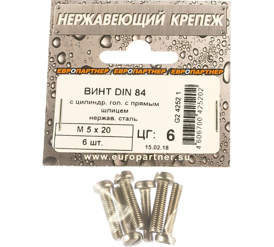 Винт с цилиндрической головкой, с прямым шлицем ЕВРОПАРТНЕР DIN 84 5x20 нержав. сталь 6 шт. G2 4252 1