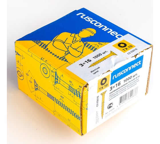 Шуруп Rusconnect CS 03016 с/нарез. д/дерева, потай, 3х16, 1000 шт. Желтый цинк 310316