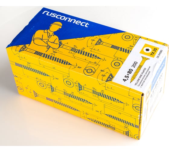 Шуруп Rusconnect CS 04580 с/нарез. д/дерева, потай, 4,5х80, 200 шт. Желтый цинк 314580