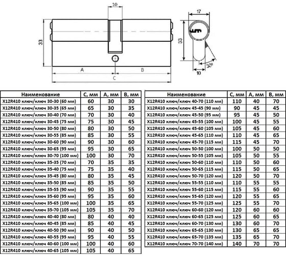 Цилиндровый механизм ABUS X12R410 ключ/ключ 40-50 (90 мм) NI (5 key) 00030619