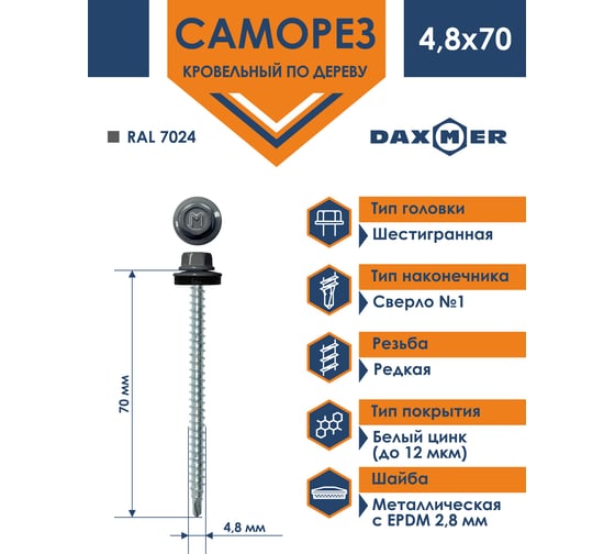Кровельный саморез Daxmer 4,8х70 RAL 7024, сверло №1, 100 шт. 00000305504