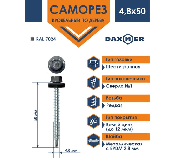 Кровельный саморез Daxmer 4,8х50 RAL 7024, сверло №1, 150 шт. 00000306238