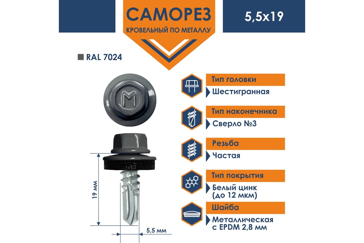 Кровельный саморез Daxmer 5,5х19 RAL 7024, сверло №3, 250 шт. 304280 -  выгодная цена, отзывы, характеристики, фото - купить в Москве и РФ