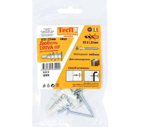Дюбель DRIVA с шурупом Tecfi HF 15x32 4 шт 147479