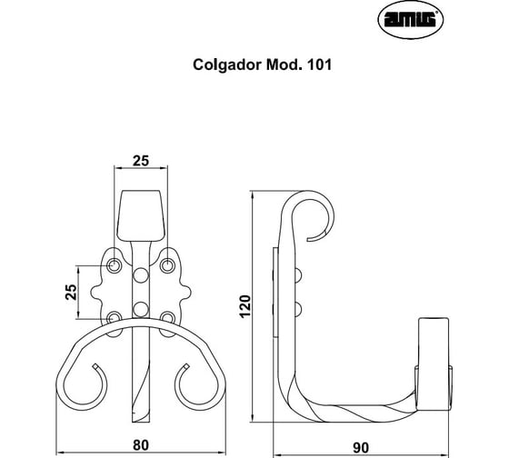 Кованый крючок Amig черный 101-130х80х90
