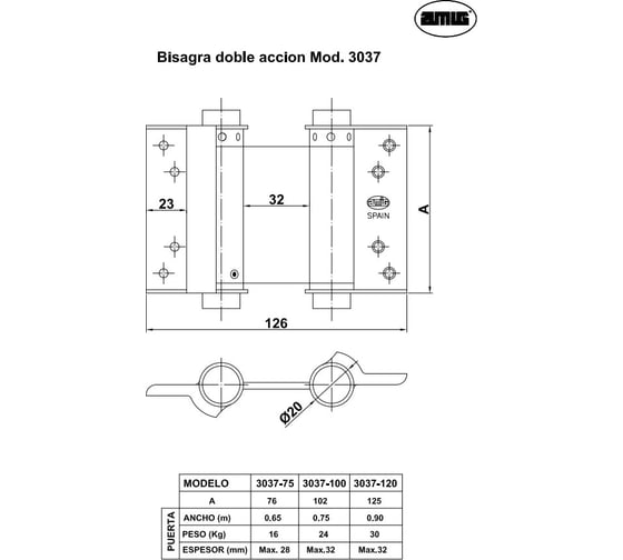 Пружинная двойная (барная) петля Amig никель 3037-125 NI