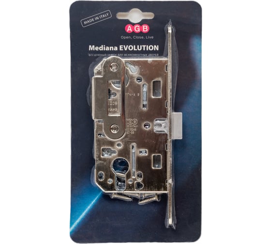 Замок AGB межк. под цилиндр MEDIANA EVOLUTION B01103.50.06.567 с отв. планкой B01000.13 никель 25801