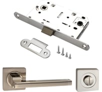 Комплект для межкомнатной двери PAULINIDOR ручки 514-02, сантехническая защелка 96 PL, завертка AL 02, никель матовый 514-0296PLAL02SN