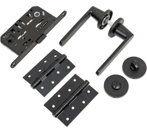 Комплект для межкомнатной двери PAULINIDOR ручки 545-06 slim, сантехническая защелка 96PL, AL 06 slim, врезные петли 2 шт., черный 545-06slim96PLAL064SBL 1