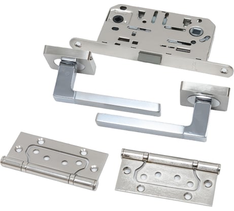Комплект для межкомнатной двери PAULINIDOR ручки 521-02 + сантехническая защелка 96 PL + петли, 2 шт., никель матовый 521-0296PL2SSN