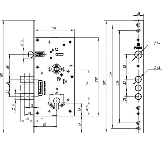Корпус врезного замка c защелкой Fuaro V25/C-60.85.3R16 36247