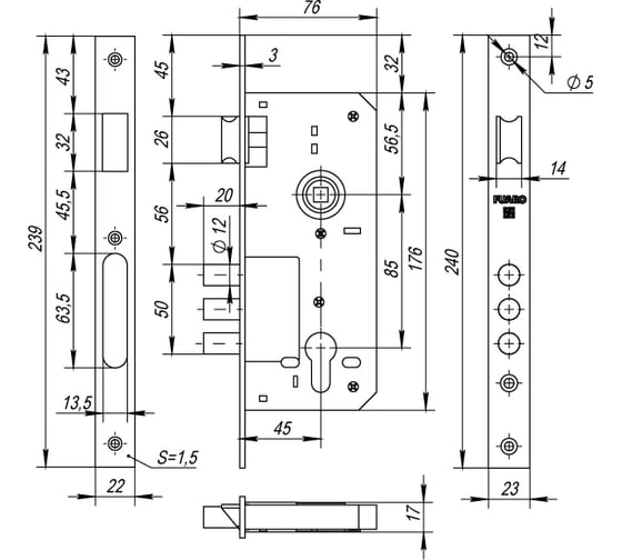 Корпус врезного замка с защелкой Fuaro 900 3MR/PB W/B латунь 15360