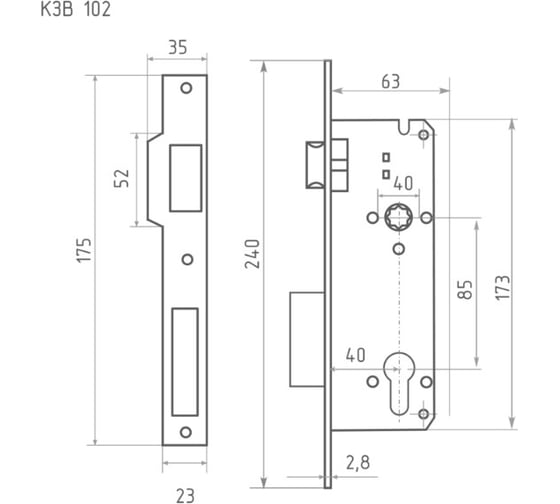 Корпус замка НОРА-М КЗВ-102 40мм, м/о 85мм хром 14787