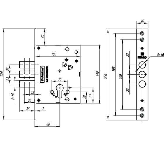 Корпус врезного замка Fuaro V25/C-60.00.3R16 36249