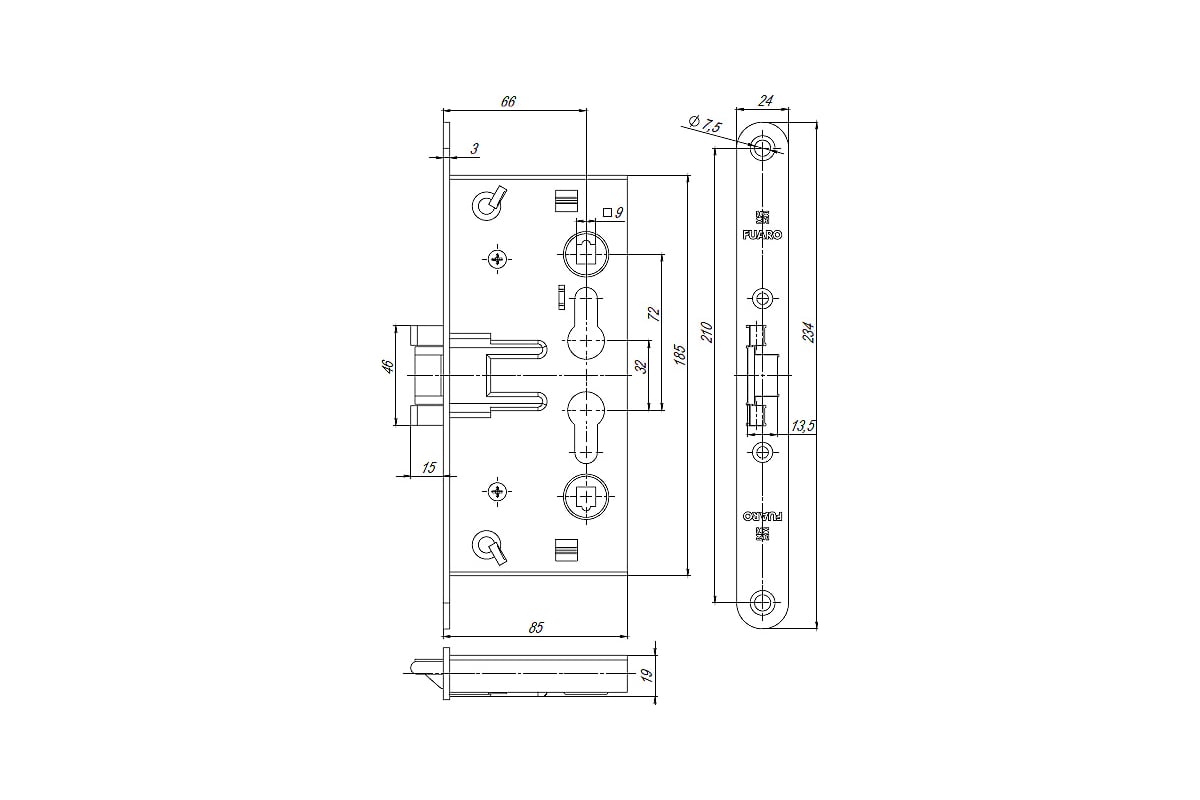 Корпус врезного замка для противопожарных дверей fuaro fl 0432 25811