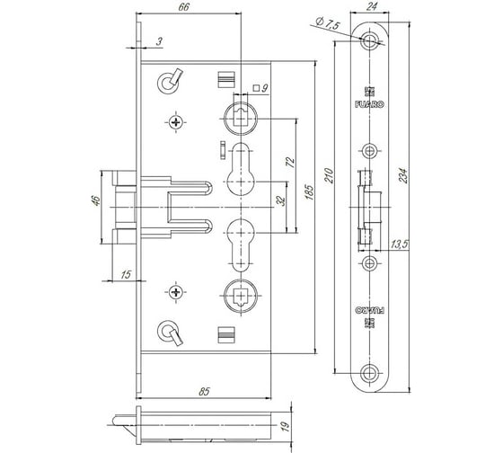 Корпус врезного замка для противопожарных дверей Fuaro FP.C-65.72-0432 25811