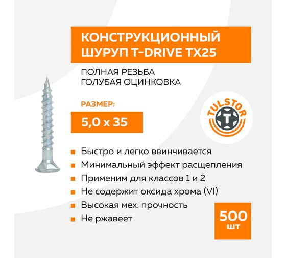 Конструкционный шуруп T-Drive TULSTOR 5х35 ПР голубая оцинковка ТХ25 мм, упаковка 500 шт. 105135