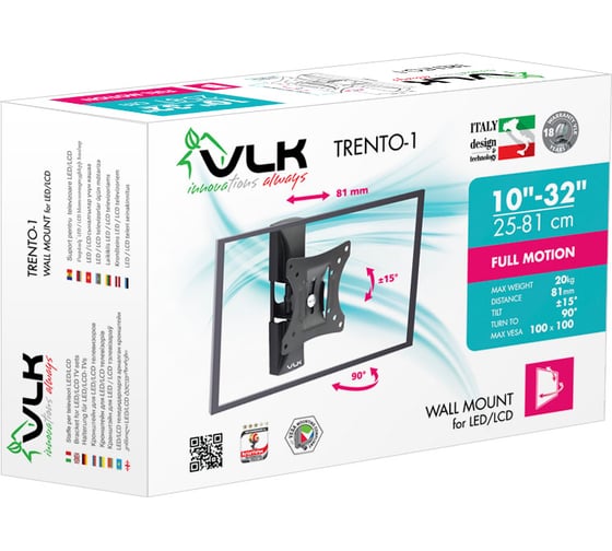 Кронштейн для LED/LCD телевизоров VLK 10-32, max 20 кг, настенный TRENTO-1 black