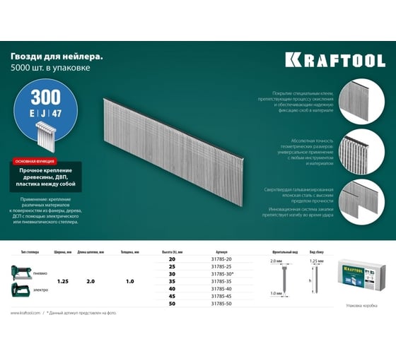 Гвозди для нейлера KRAFTOOL тип 18GA (47/300/F) 25 мм, 5000 шт, 31785-25