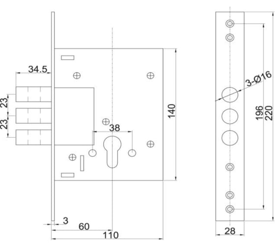 Корпус цилиндрового замка DOORLOCK DL9257С/60мм, хромиров. фронт. планка 28х220мм, реверсивный, диам. ригеля 16мм, OEM 75337