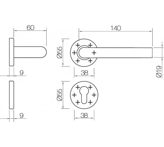 Гарнитур DOORLOCK DL 040/F-55 PZ L-form Rt нерж. сталь, универс. монтаж, розетка 55мм, шпиндель 8мм 73318