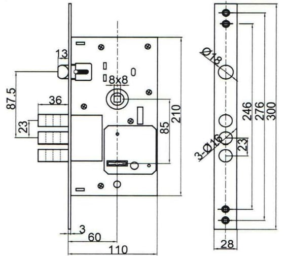 Корпус сувальдного замка DOORLOCK DL9252K/60/85мм, 5 ключей, хромированная фронтальная планка 28х300мм, реверсивный, диаметр ригелей 16мм, OEM 75338