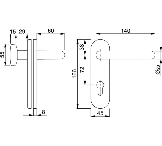 Гарнитур кноб/нажимная ручка DOORLOCK DL 038KP/F/KNOB правая PZ72 U-form Rt нерж. сталь, на короткой накладке 73312