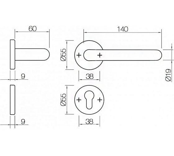 Гарнитур DOORLOCK DL 038/F-S9/55 PZ U-form Rt нерж. сталь, универс. монтаж, розетка 55мм, шпиндель 9мм 73308