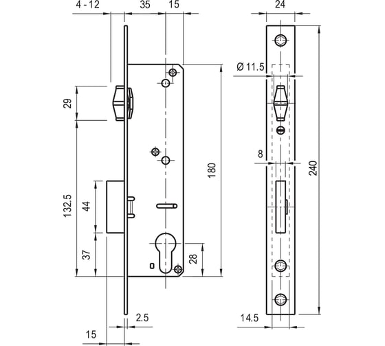 Корпус замка DOORLOCK PL302 35/24 Rt нержавеющая сталь, для профильных дверей, с роликовым ригелем 75351