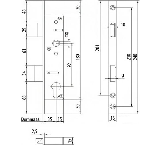 Корпус замка DOORLOCK PL201-Z 35/92/16/8 оцинкованный, для дверей из ПВХ профиля 75451