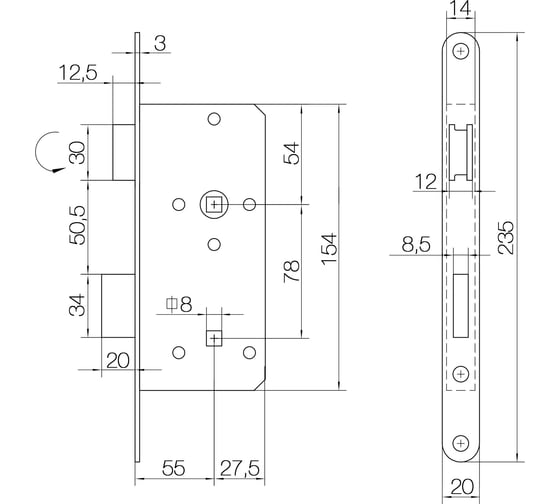 Корпус замка DOORLOCK DL403/55 WC78 MCR матовый хром, реверсивный 75312