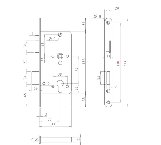 Корпус замка DOORLOCK DL401/55 PZ72 Rt нержавеющая сталь, реверсивный с запорной планкой, III класс 75310