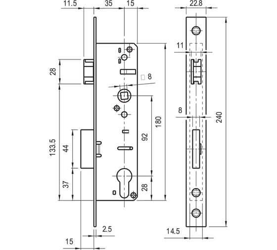 Корпус замка DOORLOCK PL301 35/92/22,8/8 Rt нержавеющая сталь, для профильных дверей 75343